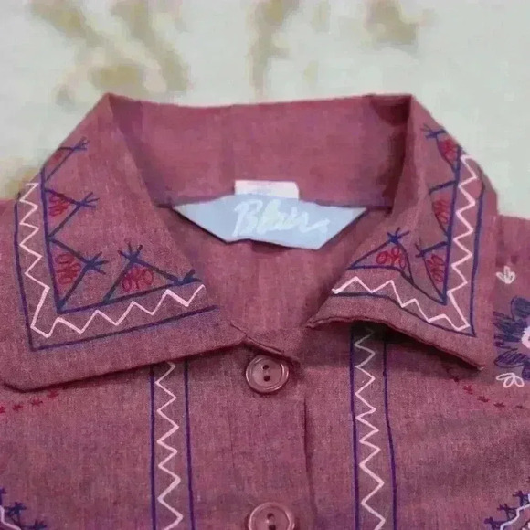 VINTAGE BLAIR Western Print Red Quarter Button Up Blouse Top Women Medium - Picture 2 of 8
